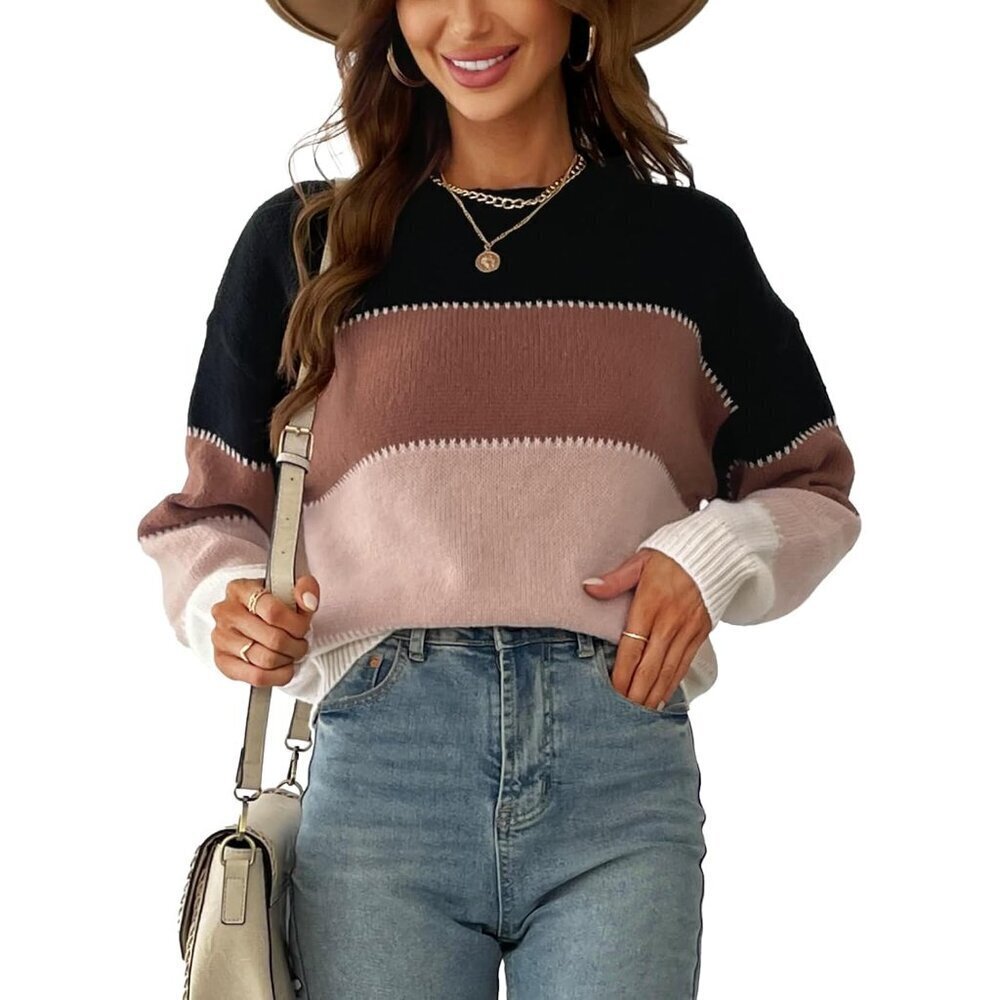 Women's Striped Color Block Sweater Long Sleeve Crewneck Lightweight Pullover
